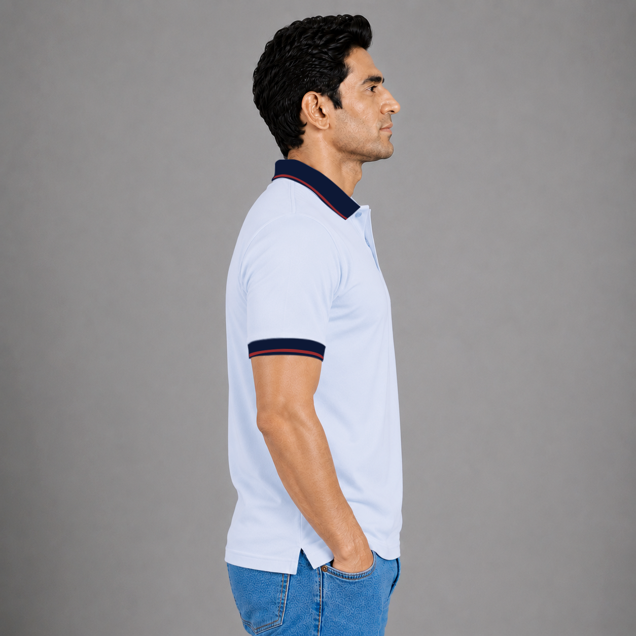 White Melange With Navy Blue Tipping